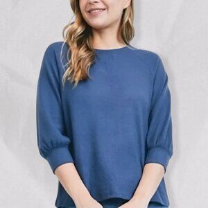 Tresics Blouse Round Neck Mid Length Sleeve Tie Back Ribbed Cuff Blue W S/M NWOT